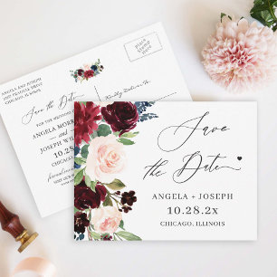 Save the Date Burgundy Maroon Blush Navy Floral Postkarte