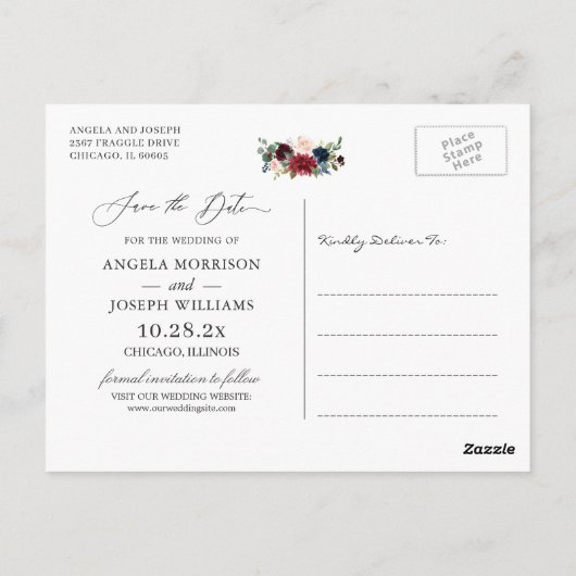 Save the Date Burgundy Maroon Blush Navy Floral Postkarte (Rückseite)