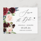 Save the Date Burgundy Maroon Blush Navy Floral Postkarte (Vorderseite)