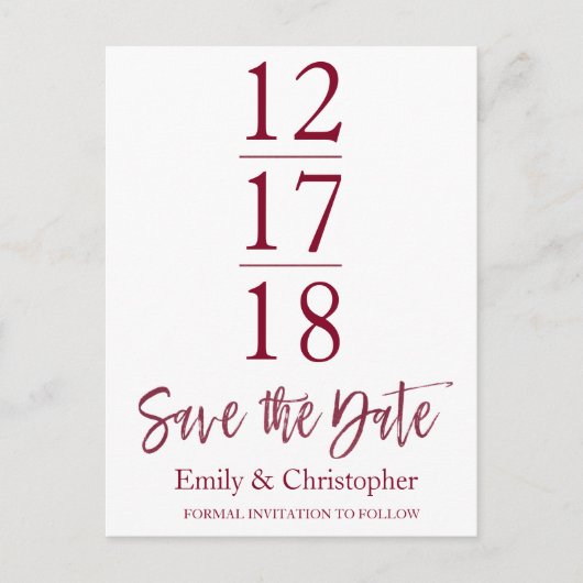 Save the Date Burgundy Marsala Moderne Schrift Ankündigungspostkarte (Vorderseite)