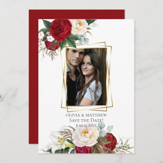 Save The Date | Burgundy Peony Floral Bouquets Einladung (Vorne/Hinten)