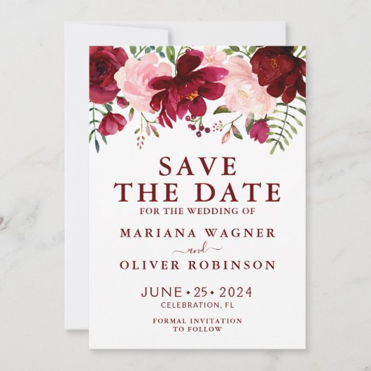 Save the Date Burgundy Pink Wasserfarben Einladung (Vorderseite)