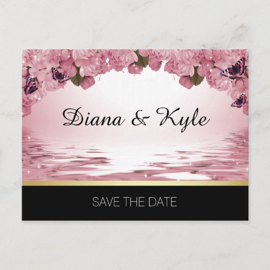 SAVE THE DATE Butterfly Pink Black Gold Hochzeit Ankündigungspostkarte (Vorderseite)