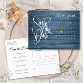 Save the Date Calendar Blue Rustic Holz Gold Herz Ankündigungspostkarte