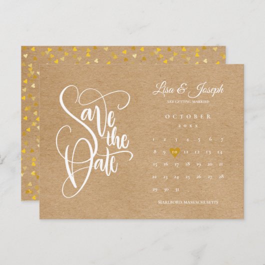 Save the Date Calendar Gold Heart Postkarte (Vorne/Hinten)