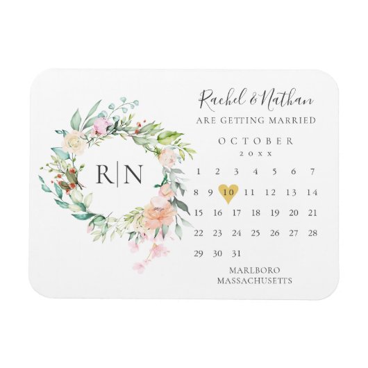 Save the Date Calendar Gold Herzfloralmagnet Magnet (Horizontal)