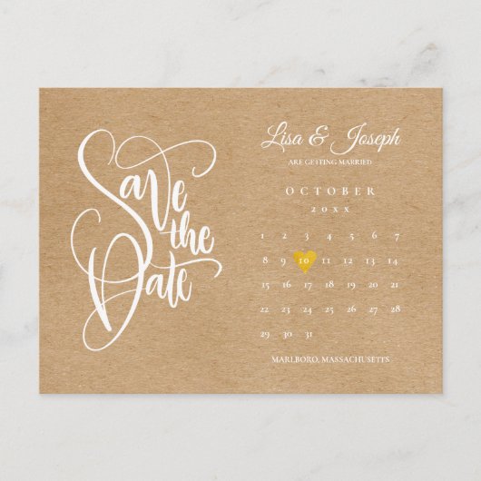 Save the Date Calendar Gold Liebe Herz Rustikales  Ankündigungspostkarte (Vorderseite)