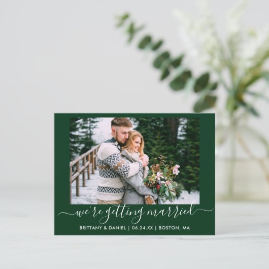 Save the Date Calligraphy Getried Green Postkarte (Stehend Vorderseite)