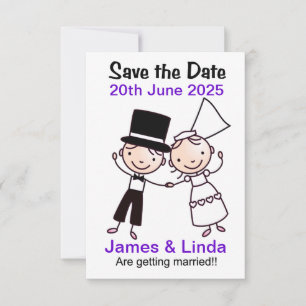 Save the Date Card Cartoon Couple Lilac