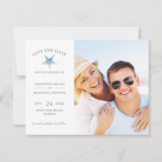 SAVE THE DATE Cards, Blue Starfish Beach Wedding (Vorderseite)