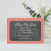 Save the Date Chalk Red Karo Rustic Wedding Card (Stehend Vorderseite)