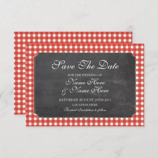 Save the Date Chalk Red Karo Rustic Wedding Card (Vorne/Hinten)