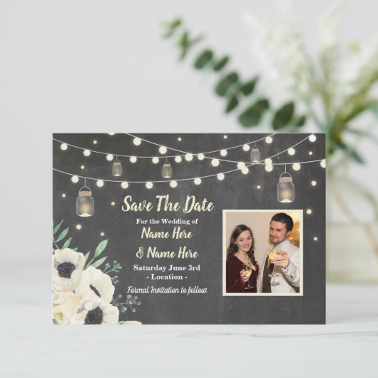 Save the Date Chalk Rustic Fireflies Lights laden (Stehend Vorderseite)
