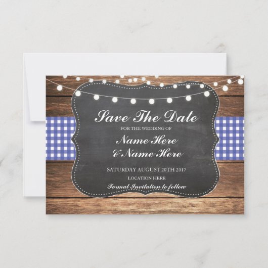 Save the Date Chalk Wood Rustic Blue Karo Card (Vorderseite)