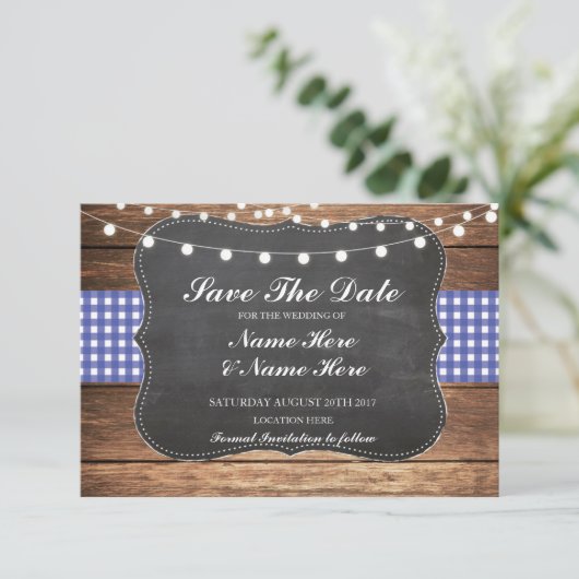 Save the Date Chalk Wood Rustic Blue Karo Card (Stehend Vorderseite)