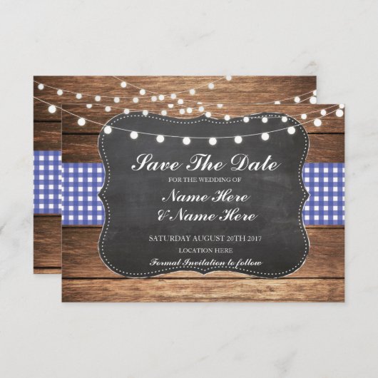 Save the Date Chalk Wood Rustic Blue Karo Card (Vorne/Hinten)