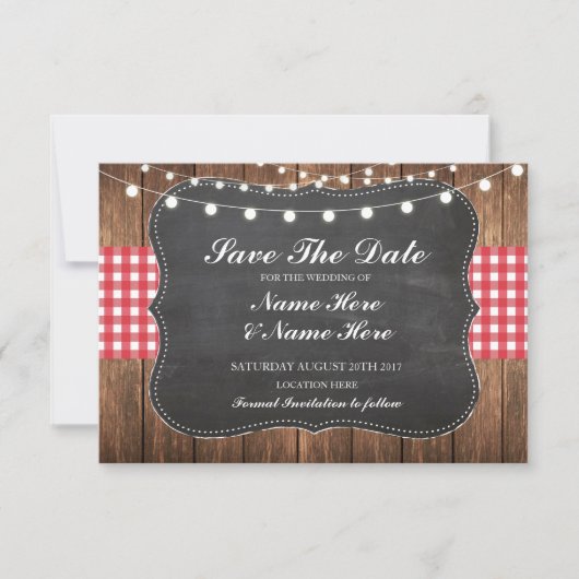 Save the Date Chalk Wood Rustic Red Karo Card (Vorderseite)