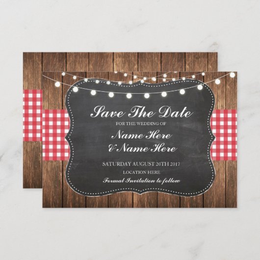 Save the Date Chalk Wood Rustic Red Karo Card (Vorne/Hinten)