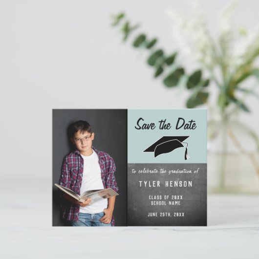 Save the Date Chalkboard Boy's Foto Abschluss Ankündigungspostkarte (Stehend Vorderseite)
