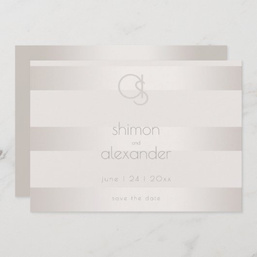 Save The Date | Champagner Shimmer Stripe Monogram (Vorne/Hinten)