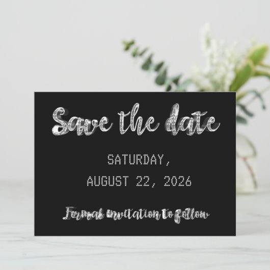 Save the Date Chic Black Silver Gray Script Party (Stehend Vorderseite)