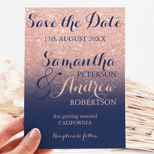 Save the Date Chic Rose Gold Glitzer blau Ankündigungspostkarte