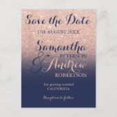Save the Date Chic Rose Gold Glitzer blau Ankündigungspostkarte (Vorderseite)