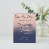 Save the Date Chic Rose Gold Glitzer blau Ankündigungspostkarte (Stehend Vorderseite)
