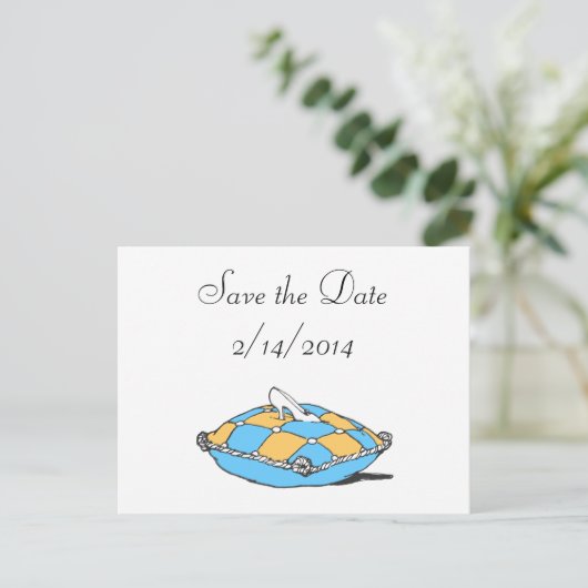Save the Date Cinderella Slipper Aquamarin Kissen Ankündigungspostkarte (Stehend Vorderseite)