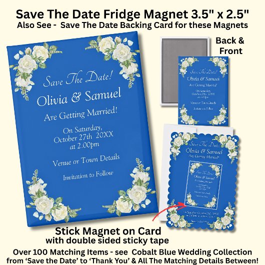 Save The Date, Cobalt Blue White 5" x 2.5" Fridge Magnet
