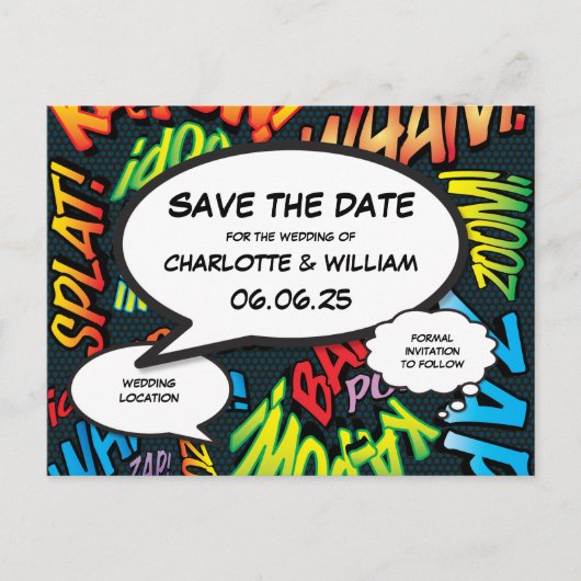 Save the Date Comic Book Theme Superhero Wedding Ankündigungspostkarte (Vorderseite)
