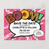 Save the Date Comic Buch BOOM Moderner rosa Spaß Ankündigungspostkarte (Vorderseite)