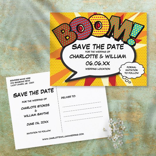 Save the Date Comic buchen BOOM Moderner Spaß Ankündigungspostkarte