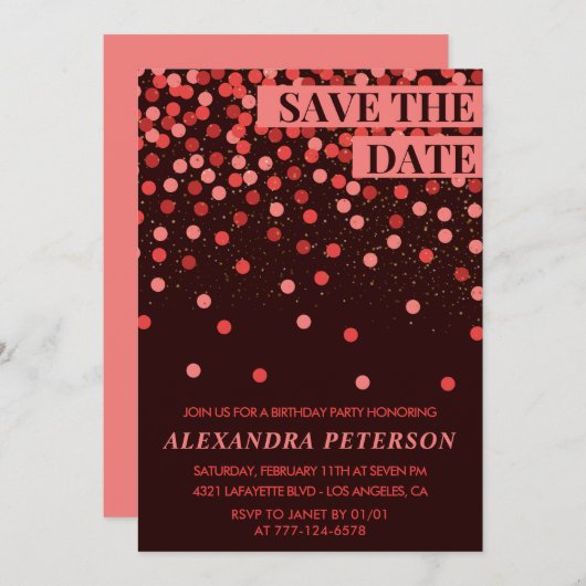 Save the Date Confetti Red 96. Geburtstag Einladung (Vorne/Hinten)