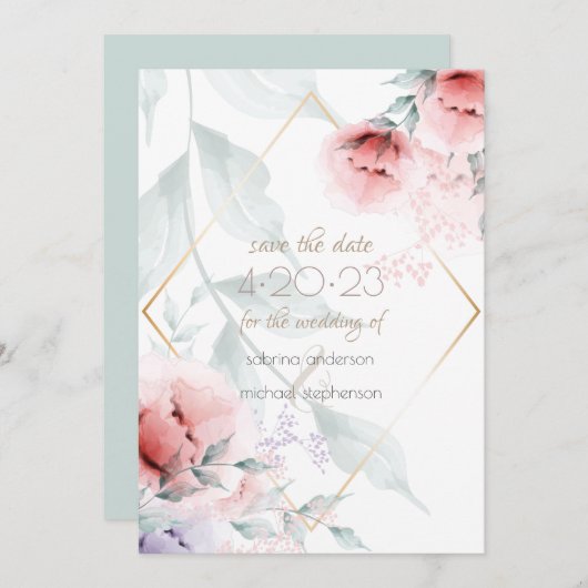 Save The Date | Coral/Lilac Aquarelle Peony (Vorne/Hinten)