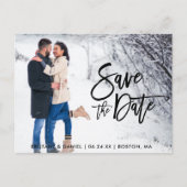 Save the Date Couple Foto Modern Brush Script Postkarte (Vorderseite)