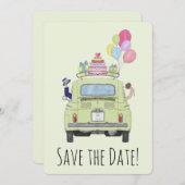 Save the Date Couple in Fiat 500. Einladung (Vorne/Hinten)