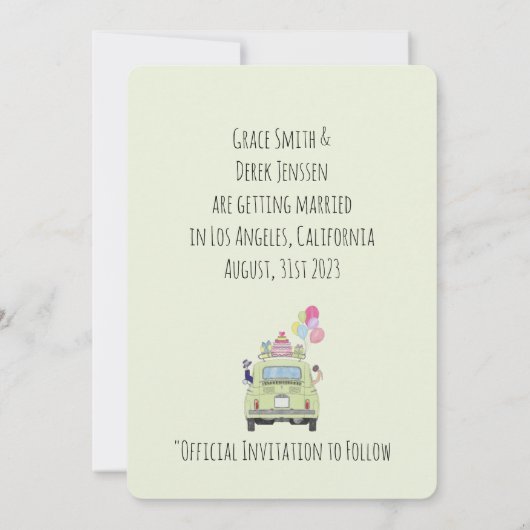 Save the Date Couple in Fiat 500. Einladung (Rückseite)