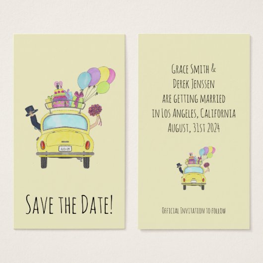 Save the Date Couple in Retro Car (Vorne & Hinten)