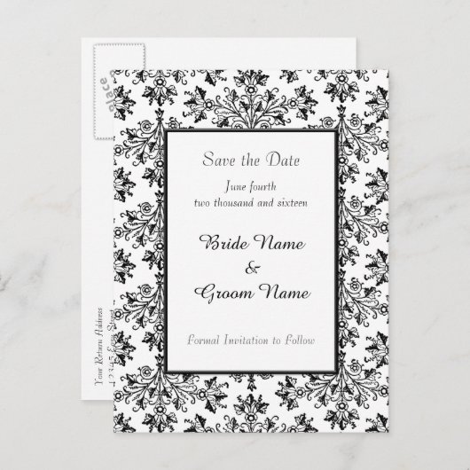 Save the Date Daisy Damask Postcard Ankündigungspostkarte (Vorne/Hinten)