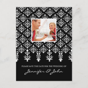 Save the Date Damask Postkarte Schwarz-weiß