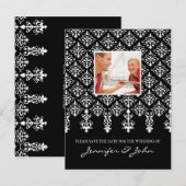 Save the Date Damask Postkarte Schwarz-weiß (Vorne/Hinten)