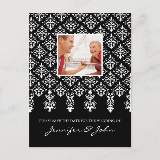 Save the Date Damask Postkarte Schwarz-weiß (Vorderseite)