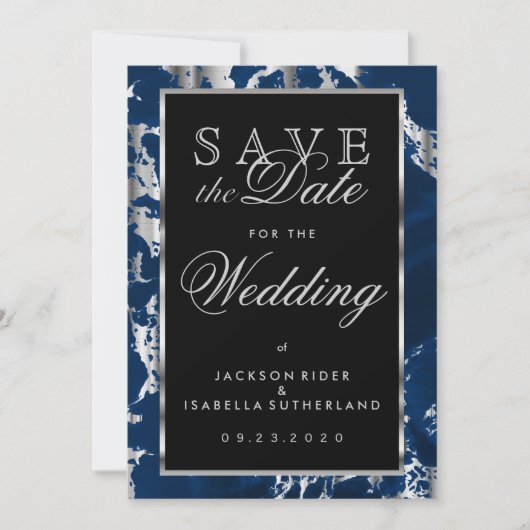 Save the Date Deep Blue und Silver Marble (Vorderseite)
