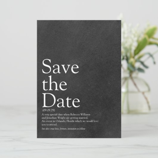 Save the Date Definition eines einfachen Chalkboar Einladung (Stehend Vorderseite)