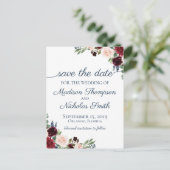 Save the Date der Marine und der Marsala Floral Postkarte (Stehend Vorderseite)