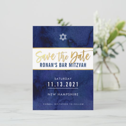 SAVE THE DATE dunkelblauer Goldstar Einladung (Stehend Vorderseite)