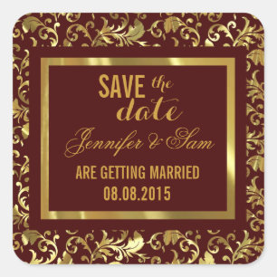 Save The Date-Dunkelbraun und goldene Vintage Dama Quadratischer Aufkleber