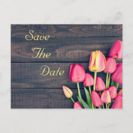Save the Date - dunkelrosa Tulips und Holz Ankündigungspostkarte