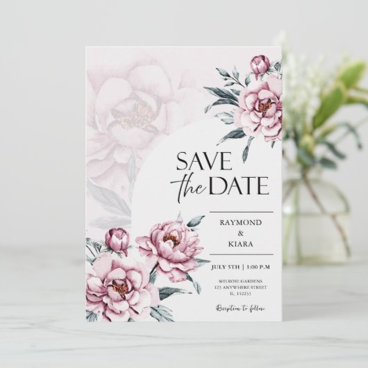 Save the Date Dusky Pink Peony Wedding (Stehend Vorderseite)